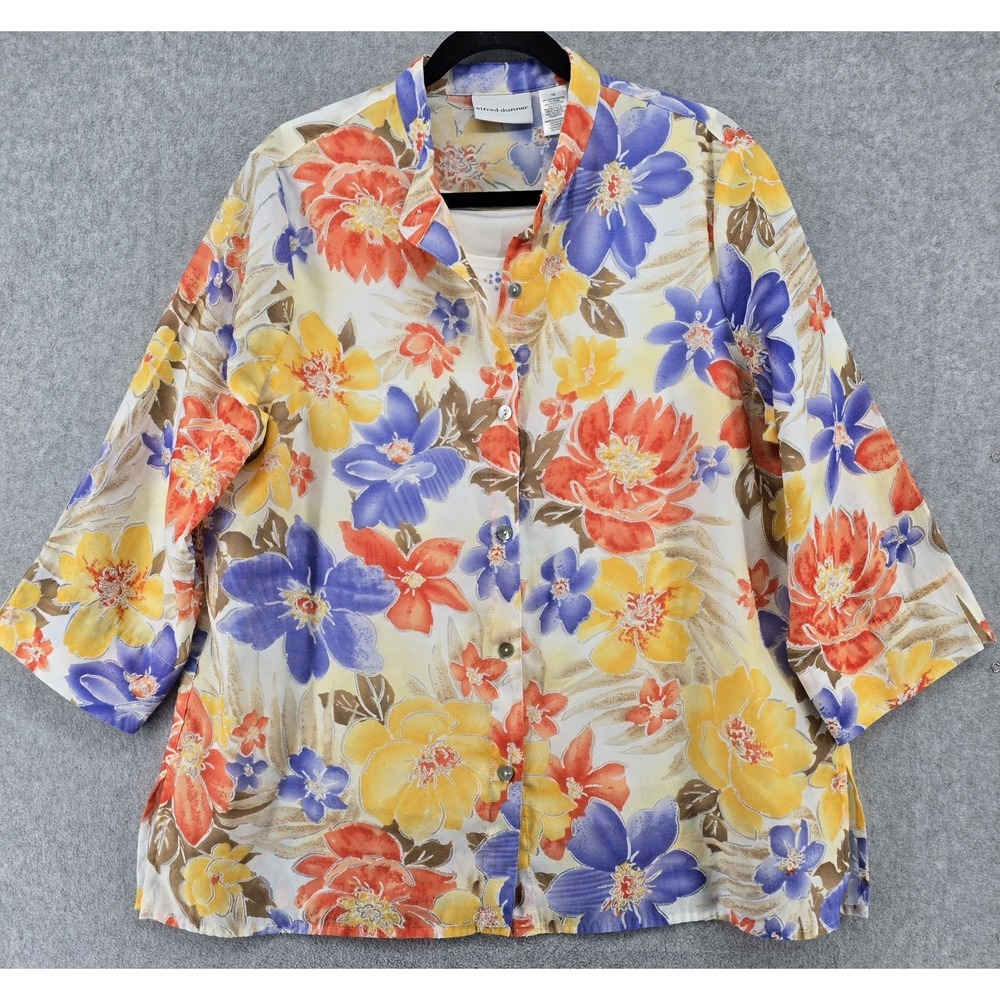 Alfred Dunner 3/4 Sleeve Linen Tunic Top Sz 16 Multicolor Bright Office Corpcore